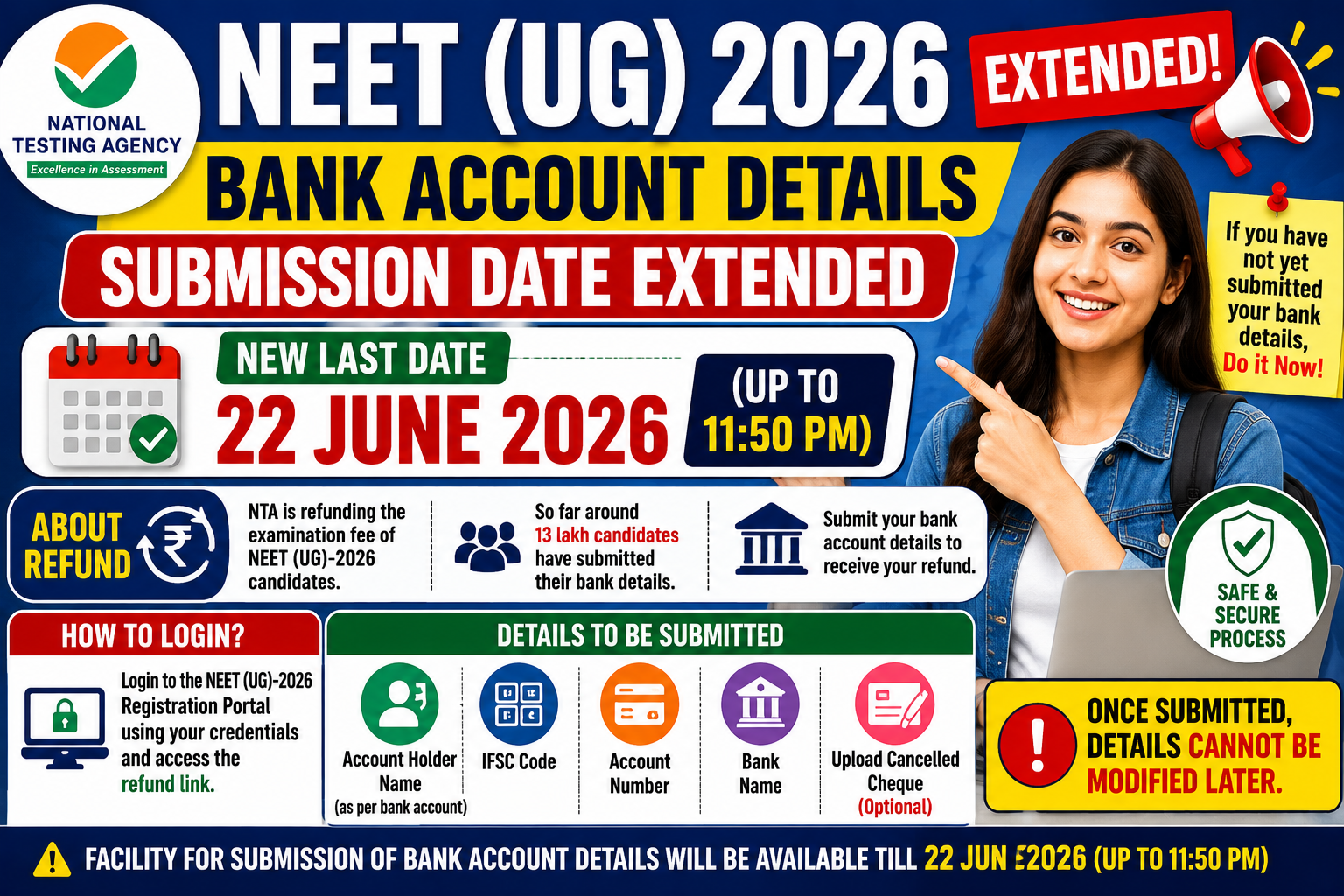 NEET UG 2026 Refund Update | Bank Account Submission Date Extended